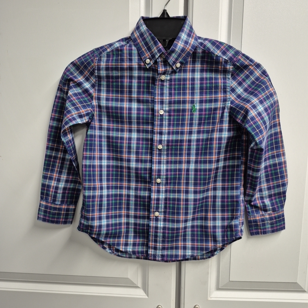 Ralph Lauren Boys' Blue Plaid Button-down Shirt Green Pony Logo, Size 5